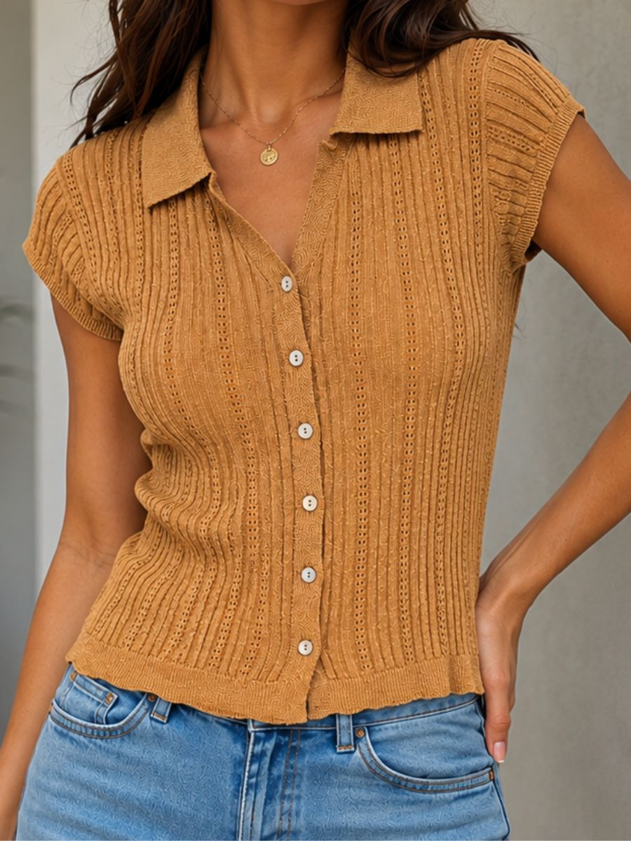 ModaFesta -Womens Knit Top Cap Sleeves Collared Slim FitV Neck